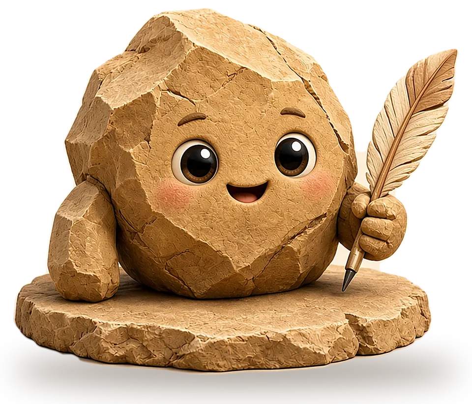 Pip, a small sandstone rock with big eyes and a friendly smile, holding a feather quill.